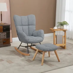 HOMCOM Glider Rocker With Ottoman Set, Houndstooth Nursery Rocking Chair, Upholstered Wingback Armchair For Living Room And Bedroom