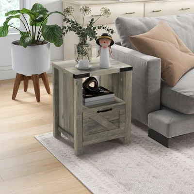 HOMCOM Farmhouse Side Table With 1 Drawer, 1 Open Shelf And Tabletop For Living Room, Gray Oak 2 HOMCOM Farmhouse Side Table With 1 Drawer, 1 Open Shelf And Tabletop For Living Room, Gray Oak - Image 2