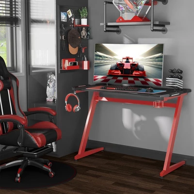 HOMCOM 48 Inch Gaming Desk With Large Tabletop, Racing Computer Desk With Cup Holder And Headphone Hook, Black / Red 2 HOMCOM 48 Inch Gaming Desk With Large Tabletop, Racing Computer Desk With Cup Holder And Headphone Hook, Black / Red - Image 2
