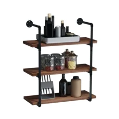HOMCOM 3-Tier Industrial Pipe Shelves, Floating Wall Mounted Bookshelf, Metal Frame Display Rack For Living Room Or Bedroom, Rustic Brown -Homcom GUEST 184c16df 276e 456b 99c5 57284a39ed51