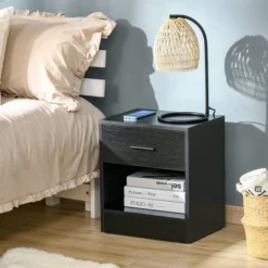 HOMCOM Modern Nightstand, Accent End Table With Drawer And Storage Shelf, Sofa Side Table For Living Room Or Bedroom