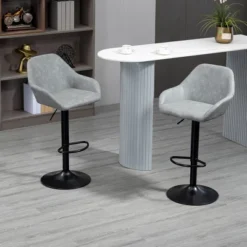HOMCOM Adjustable Bar Stools Set Of 2, Swivel Barstools With Footrest And Back, PU Leather And Steel Round Base, For Kitchen Counter, Gray