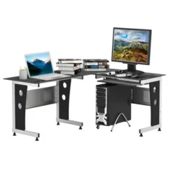 HOMCOM L-Shaped Corner Computer Desk Gaming Table Home Office Workstation Glass Top P2 MDF With Keyboard Tray - Black -Homcom GUEST 354783ad aeb2 428d 9bc8 4f6e155a9215