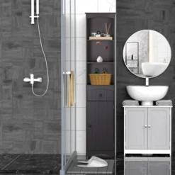 HOMCOM Bathroom Storage Cabinet, Free Standing Bath Storage Unit, Tall Linen Tower With 3-Tier Shelves And Drawer, Brown