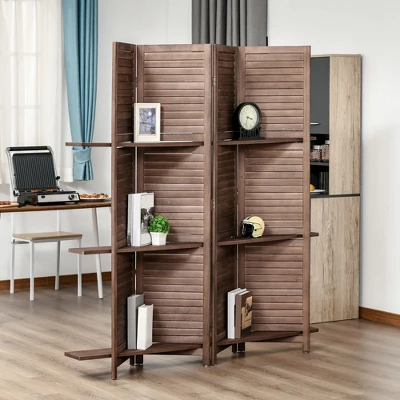 HOMCOM 4-Panel Folding Room Divider, 5.6 Ft Freestanding Paulownia Wood Privacy Screen Panel With Storage Shelves For Bedroom Or Office 1 HOMCOM 4-Panel Folding Room Divider, 5.6 Ft Freestanding Paulownia Wood Privacy Screen Panel With Storage Shelves For Bedroom Or Office