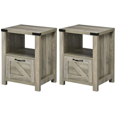 HOMCOM Farmhouse Side Table With 1 Drawer, 1 Open Shelf And Tabletop For Living Room, Set Of 2, Gray Oak 3 HOMCOM Farmhouse Side Table With 1 Drawer, 1 Open Shelf And Tabletop For Living Room, Set Of 2, Gray Oak - Image 3