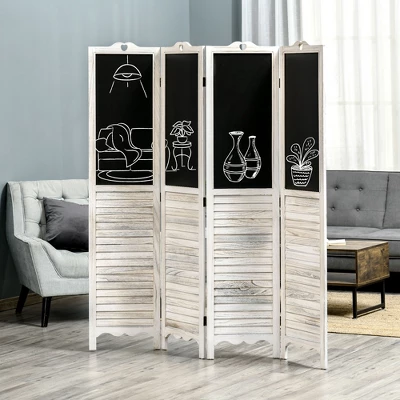 HOMCOM 4-Panel Folding Room Divider With Blackboard, 5.5 Ft Tall Freestanding Privacy Screen Panels For Bedroom Or Office, White 1 HOMCOM 4-Panel Folding Room Divider With Blackboard, 5.5 Ft Tall Freestanding Privacy Screen Panels For Bedroom Or Office, White