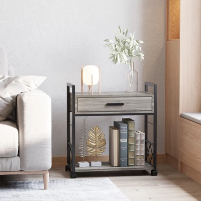 HOMCOM Industrial End Table With Drawer And Bottom Shelf, Mobile Side Table With 4 Wheels For Living Room, Bedroom 2 HOMCOM Industrial End Table With Drawer And Bottom Shelf, Mobile Side Table With 4 Wheels For Living Room, Bedroom - Image 2