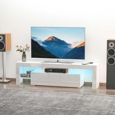 HOMCOM High Gloss TV Stand Cabinet With Remote Controlled LED Lights, Media TV Console Table With Storage Compartment For TVs Up To 65", White 1 HOMCOM High Gloss TV Stand Cabinet With Remote Controlled LED Lights, Media TV Console Table With Storage Compartment For TVs Up To 65", White