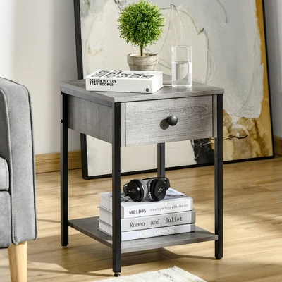 HOMCOM Industrial End Table With Storage Shelf, Accent Side Table With Drawer For Living Room, Or Bedroom, Set Of 2, Gray 2 HOMCOM Industrial End Table With Storage Shelf, Accent Side Table With Drawer For Living Room, Or Bedroom, Set Of 2, Gray - Image 2