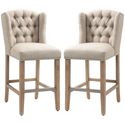 HOMCOM Counter Height Bar Stools Set Of 2, Upholstered 26.75" Seat Height Barstools, Breakfast Chairs With Nailhead-Trim & Tufted Back, Wood Legs 3 HOMCOM Counter Height Bar Stools Set Of 2, Upholstered 26.75" Seat Height Barstools, Breakfast Chairs With Nailhead-Trim & Tufted Back, Wood Legs - Image 3