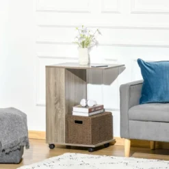 HOMCOM C-Shaped Sofa Side Table Mobile End Table With Storage And Wheels For Living Room, Bedroom, Office