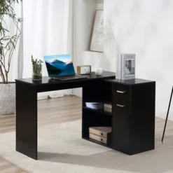 HomCom L-Shaped Computer Desk Workstation With Rotating Storage Shelves And Drawer