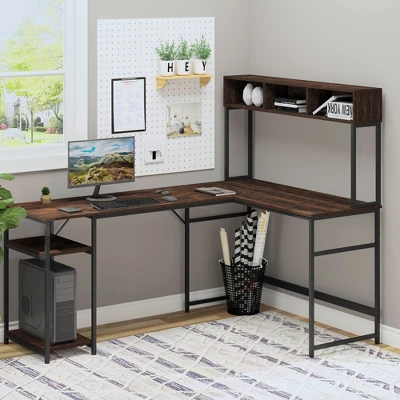 HOMCOM L-Shaped Home Office Desk With Bottom Tower Shelf, 3 Cube Shelves, Computer Writing Desk With Metal Frame, Walnut Brown 2 HOMCOM L-Shaped Home Office Desk With Bottom Tower Shelf, 3 Cube Shelves, Computer Writing Desk With Metal Frame, Walnut Brown - Image 2