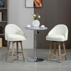 HOMCOM Bar Stools Set Of 4, Linen Fabric Kitchen Counter Stools With Nailhead Trim, Rubber Wood Legs And Footrest For Dining Room, Pub, Cream White