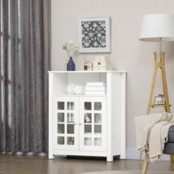 HOMCOM Kitchen Cabinet, Storage Cabinet, Sideboard Buffet Cabinet With Double Glass Doors For Kitchen, Living Room, White