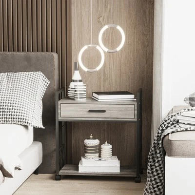 HOMCOM Industrial End Table With Drawer And Bottom Shelf, Mobile Side Table With 4 Wheels For Living Room, Bedroom 1 HOMCOM Industrial End Table With Drawer And Bottom Shelf, Mobile Side Table With 4 Wheels For Living Room, Bedroom