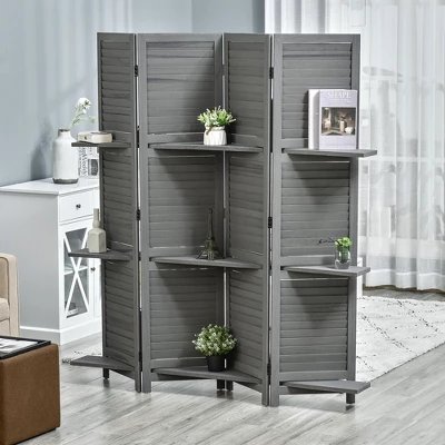 HOMCOM 4 Panel 67" Tall Wood Privacy Screen Room Divider With 3 Display Shelves, And Folding Storage For Bedroom Or Home Office, Gray 1 HOMCOM 4 Panel 67" Tall Wood Privacy Screen Room Divider With 3 Display Shelves, And Folding Storage For Bedroom Or Home Office, Gray