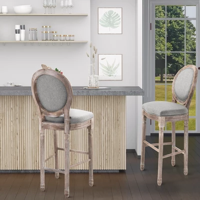 HOMCOM Vintage Bar Stools Set Of 2, Wood Barstools Accent Chairs With Soft Linen Cushions & Footrest, 29.5" Seat Height 2 HOMCOM Vintage Bar Stools Set Of 2, Wood Barstools Accent Chairs With Soft Linen Cushions & Footrest, 29.5" Seat Height - Image 2