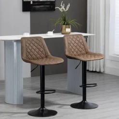 HOMCOM Adjustable Bar Stools Set Of 2, Counter Height Barstools With Swivel Seat Round Steel Base, And Footrest, ‎Dark Brown