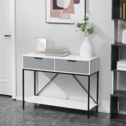 HOMCOM Modern Console Table With 2 Drawers And Open Shelf, Sofa Table For Entryway, Living Room And Hallway, White