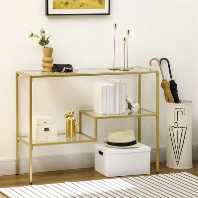 HOMCOM Gold Console Table, 39" Tempered Glass Behind Sofa Table, Narrow Entryway Table With Storage Shelves, Steel Frame Glass Table 2 HOMCOM Gold Console Table, 39" Tempered Glass Behind Sofa Table, Narrow Entryway Table With Storage Shelves, Steel Frame Glass Table - Image 2