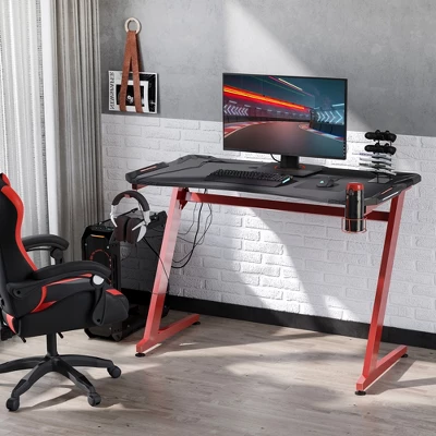 HOMCOM 48 Inch Gaming Desk With Large Tabletop, Racing Computer Desk With Cup Holder And Headphone Hook, Black / Red 1 HOMCOM 48 Inch Gaming Desk With Large Tabletop, Racing Computer Desk With Cup Holder And Headphone Hook, Black / Red