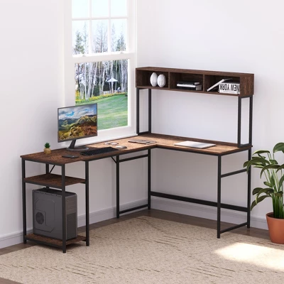 HOMCOM L-Shaped Home Office Desk With Bottom Tower Shelf, 3 Cube Shelves, Computer Writing Desk With Metal Frame, Walnut Brown 1 HOMCOM L-Shaped Home Office Desk With Bottom Tower Shelf, 3 Cube Shelves, Computer Writing Desk With Metal Frame, Walnut Brown