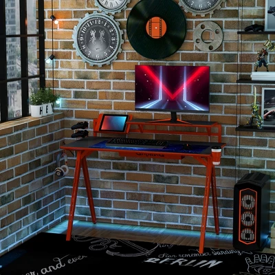 HOMCOM 53" Gaming Desk, Racing Computer Desk With Monitor Shelf, Gamepad Rack, Cup Holder, Headphone Hook, And Cable Basket, Red 2 HOMCOM 53" Gaming Desk, Racing Computer Desk With Monitor Shelf, Gamepad Rack, Cup Holder, Headphone Hook, And Cable Basket, Red - Image 2