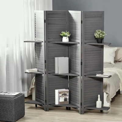 HOMCOM 4 Panel 67" Tall Wood Privacy Screen Room Divider With 3 Display Shelves, And Folding Storage For Bedroom Or Home Office, Gray 2 HOMCOM 4 Panel 67" Tall Wood Privacy Screen Room Divider With 3 Display Shelves, And Folding Storage For Bedroom Or Home Office, Gray - Image 2