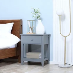 HOMCOM Side Table, Modern End Table With Storage Drawer And Shelf, Nightstand For Bedroom, Or Living Room, Set Of 2, Gray