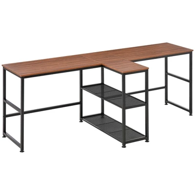 HOMCOM 83" Two Person Computer Desk With 2 Storage Shelves, Double Desk Workstation With Book Shelf, Long Desk Table For Home Office, Dark Walnut 3 HOMCOM 83" Two Person Computer Desk With 2 Storage Shelves, Double Desk Workstation With Book Shelf, Long Desk Table For Home Office, Dark Walnut - Image 3