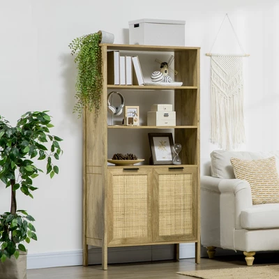 HOMCOM Bookshelf, Storage Cabinet With 3 Open Shelves And Natural Rattan Decor, Bookcase For Living Room, Study, Bedroom 1 HOMCOM Bookshelf, Storage Cabinet With 3 Open Shelves And Natural Rattan Decor, Bookcase For Living Room, Study, Bedroom
