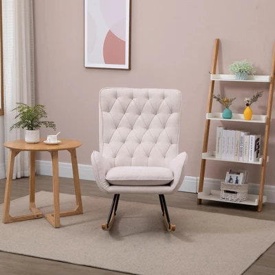 HomCom Mid-Century Tufted Wingback Fabric Rocking Chair 2 HomCom Mid-Century Tufted Wingback Fabric Rocking Chair - Image 2