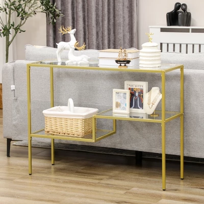 HOMCOM Gold Console Table, 39" Tempered Glass Behind Sofa Table, Narrow Entryway Table With Storage Shelves, Steel Frame Glass Table 1 HOMCOM Gold Console Table, 39" Tempered Glass Behind Sofa Table, Narrow Entryway Table With Storage Shelves, Steel Frame Glass Table
