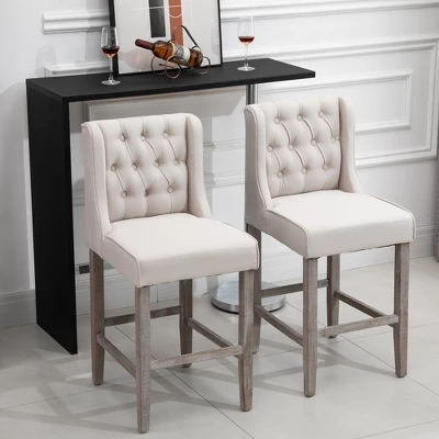 HOMCOM 26.25" Counter Height Bar Stools Set Of 2, Tufted Wingback Armless Upholstered Dining Chair With Rubber Wood Legs 2 HOMCOM 26.25" Counter Height Bar Stools Set Of 2, Tufted Wingback Armless Upholstered Dining Chair With Rubber Wood Legs - Image 2