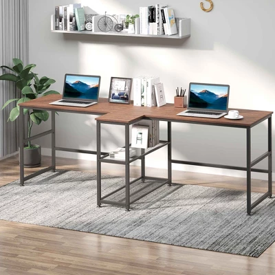 HOMCOM 83" Two Person Computer Desk With 2 Storage Shelves, Double Desk Workstation With Book Shelf, Long Desk Table For Home Office, Dark Walnut 2 HOMCOM 83" Two Person Computer Desk With 2 Storage Shelves, Double Desk Workstation With Book Shelf, Long Desk Table For Home Office, Dark Walnut - Image 2