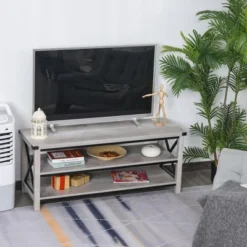 HOMCOM Ample Storage Console TV Stand With 2 Cable Management Hole, Entertainment Center Classic Cabinet For Living Room Bedroom, Fits For 60" TV