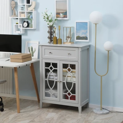 HOMCOM Kitchen Cabinet, Storage Cabinet, Sideboard Floor Accent Cabinet W/ 2 Glass Doors, Drawer, Adjustable Shelves For Living Room Entryway, Gray 1 HOMCOM Kitchen Cabinet, Storage Cabinet, Sideboard Floor Accent Cabinet W/ 2 Glass Doors, Drawer, Adjustable Shelves For Living Room Entryway, Gray